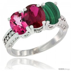 14K White Gold Natural Pink Topaz, Ruby & Malachite Ring 3-Stone 7x5 mm Oval Diamond Accent