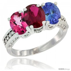 14K White Gold Natural Pink Topaz, Ruby & Tanzanite Ring 3-Stone 7x5 mm Oval Diamond Accent