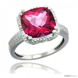 14k White Gold Diamond Pink Topaz Ring 5.94 ct Checkerboard Cushion 11 mm Stone 1/2 in wide