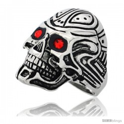 Surgical Steel Biker Ring Cyborg Skull Tribal Tattoos Red CZ Eyes 1 1/8 in