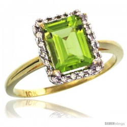 10k Yellow Gold Diamond Peridot Ring 1.6 ct Emerald Shape 8x6 mm, 1/2 in wide
