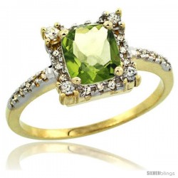 10k Yellow Gold Diamond Halo Peridot Ring 1.2 ct Checkerboard Cut Cushion 6 mm, 11/32 in wide