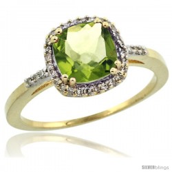 10k Yellow Gold Diamond Peridot Ring 1.5 ct Checkerboard Cut Cushion Shape 7 mm, 3/8 in wide