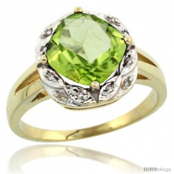 10k Yellow Gold Diamond Halo Peridot Ring 2.7 ct Checkerboard Cut Cushion Shape 8 mm, 1/2 in wide