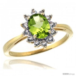 10k Yellow Gold Diamond Halo Peridot Ring 0.85 ct Oval Stone 7x5 mm, 1/2 in wide