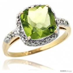 10k Yellow Gold Diamond Peridot Ring 2.08 ct Cushion cut 8 mm Stone 1/2 in wide