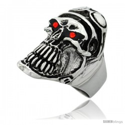 Surgical Steel Biker Skull Ring Helmet Goggles Red CZ Eyes 1 1/4 in long