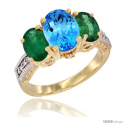 14K Yellow Gold Ladies 3-Stone Oval Natural Swiss Blue Topaz Ring with Emerald Sides Diamond Accent