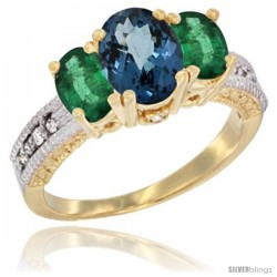 14k Yellow Gold Ladies Oval Natural London Blue Topaz 3-Stone Ring with Emerald Sides Diamond Accent