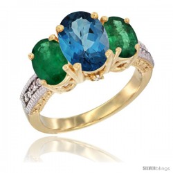 14K Yellow Gold Ladies 3-Stone Oval Natural London Blue Topaz Ring with Emerald Sides Diamond Accent