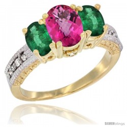 14k Yellow Gold Ladies Oval Natural Pink Topaz 3-Stone Ring with Emerald Sides Diamond Accent