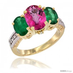 14K Yellow Gold Ladies 3-Stone Oval Natural Pink Topaz Ring with Emerald Sides Diamond Accent