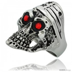 Surgical Steel Biker Ring Bike Skull American Flag Bandana Red CZ Eyes 1 5/16 in long