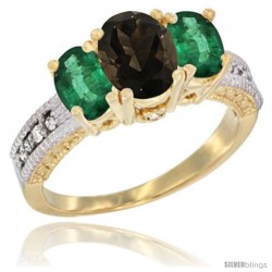 14k Yellow Gold Ladies Oval Natural Smoky Topaz 3-Stone Ring with Emerald Sides Diamond Accent