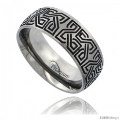 Titanium 8mm Dome Wedding Band Ring Black Laser Etched Celtic Square Knots Pattern Matte Finish Comfort-fit