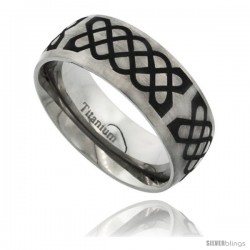 Titanium 8mm Dome Wedding Band Ring Black Laser Etched Celtic Knots Pattern Matte Finish Comfort-fit