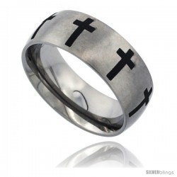 Titanium 8mm Dome Wedding Band Ring Black Laser Etched Crosses Matte Finish Comfort-fit