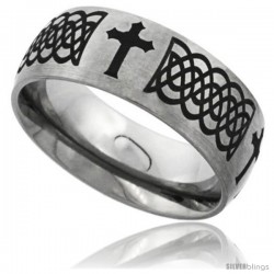 Titanium 8mm Dome Wedding Band Ring Laser Etched Black Passion Cross Celtic Knots Matte Finish Comfort-fit