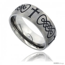 Titanium 8mm Dome Wedding Band Ring Laser Etched Black Moline Cross Celtic Knots Matte Finish Comfort-fit