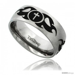 Titanium 8mm Dome Wedding Band Ring Laser Etched Black Cross in Tribal Flames Matte Finish Comfort-fit
