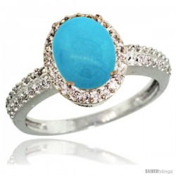 14k White Gold Diamond Sleeping Beauty Turquoise Ring Oval Stone 9x7 mm 1.76 ct 1/2 in wide