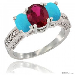 14k White Gold Ladies Oval Natural Ruby 3-Stone Ring with Turquoise Sides Diamond Accent