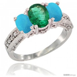 14k White Gold Ladies Oval Natural Emerald 3-Stone Ring with Turquoise Sides Diamond Accent