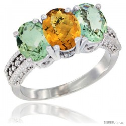 10K White Gold Natural Whisky Quartz & Green Amethyst Sides Ring 3-Stone Oval 7x5 mm Diamond Accent