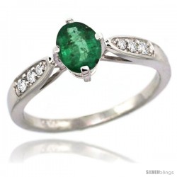 14k White Gold Natural Emerald Ring 7x5 Oval Shape Diamond Accent, 5/16inch wide