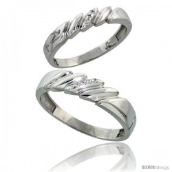 Sterling Silver Diamond 2 Piece Wedding Ring Set His 5mm & Hers 4mm Rhodium finish