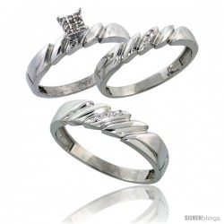 Sterling Silver Diamond Trio Wedding Ring Set His 5mm & Hers 4mm Rhodium finish