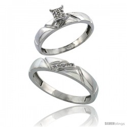 Sterling Silver 2-Piece Diamond wedding Engagement Ring Set for Him & Her Rhodium finish, 4mm & 4.5mm wide