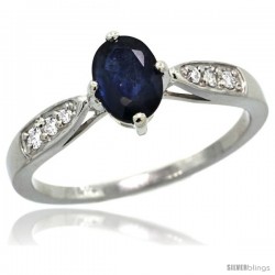 14k White Gold Natural Blue Sapphire Ring 7x5 Oval Shape Diamond Accent, 5/16inch wide