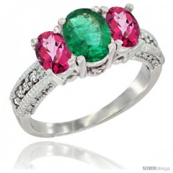 14k White Gold Ladies Oval Natural Emerald 3-Stone Ring with Pink Topaz Sides Diamond Accent