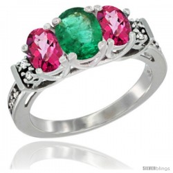 14K White Gold Natural Emerald & Pink Topaz Ring 3-Stone Oval with Diamond Accent