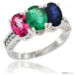 14K White Gold Natural Pink Topaz, Emerald & Blue Sapphire Ring 3-Stone 7x5 mm Oval Diamond Accent