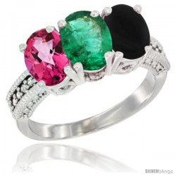 14K White Gold Natural Pink Topaz, Emerald & Black Onyx Ring 3-Stone 7x5 mm Oval Diamond Accent