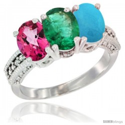 14K White Gold Natural Pink Topaz, Emerald & Turquoise Ring 3-Stone 7x5 mm Oval Diamond Accent