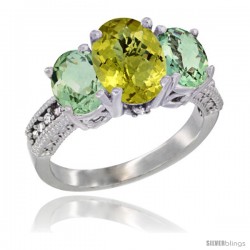 10K White Gold Ladies Natural Lemon Quartz Oval 3 Stone Ring with Green Amethyst Sides Diamond Accent