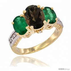 14K Yellow Gold Ladies 3-Stone Oval Natural Smoky Topaz Ring with Emerald Sides Diamond Accent