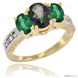 14k Yellow Gold Ladies Oval Natural Mystic Topaz 3-Stone Ring with Emerald Sides Diamond Accent