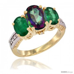 14K Yellow Gold Ladies 3-Stone Oval Natural Mystic Topaz Ring with Emerald Sides Diamond Accent