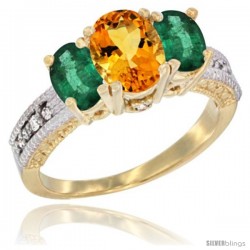 14k Yellow Gold Ladies Oval Natural Citrine 3-Stone Ring with Emerald Sides Diamond Accent