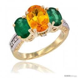 14K Yellow Gold Ladies 3-Stone Oval Natural Citrine Ring with Emerald Sides Diamond Accent