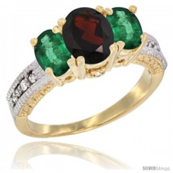 14k Yellow Gold Ladies Oval Natural Garnet 3-Stone Ring with Emerald Sides Diamond Accent