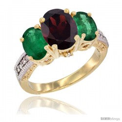 14K Yellow Gold Ladies 3-Stone Oval Natural Garnet Ring with Emerald Sides Diamond Accent