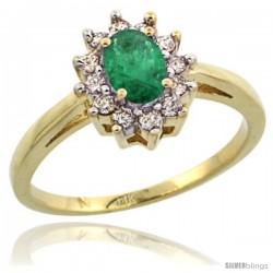 14k Yellow Gold Emerald Diamond Halo Ring Oval Shape 1.2 Carat 6X4 mm, 1/2 in wide