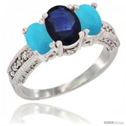 14k White Gold Ladies Oval Natural Blue Sapphire 3-Stone Ring with Turquoise Sides Diamond Accent