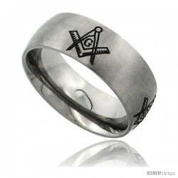 Titanium 8mm Dome Wedding Band Ring Laser Etched Masonic compass Pattern Matte Finish Comfort-fit