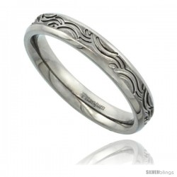 Titanium 3.8mm Flat Wedding Band / Thumb Ring Tribal Wave Pattern Matte Finish Comfort-fit